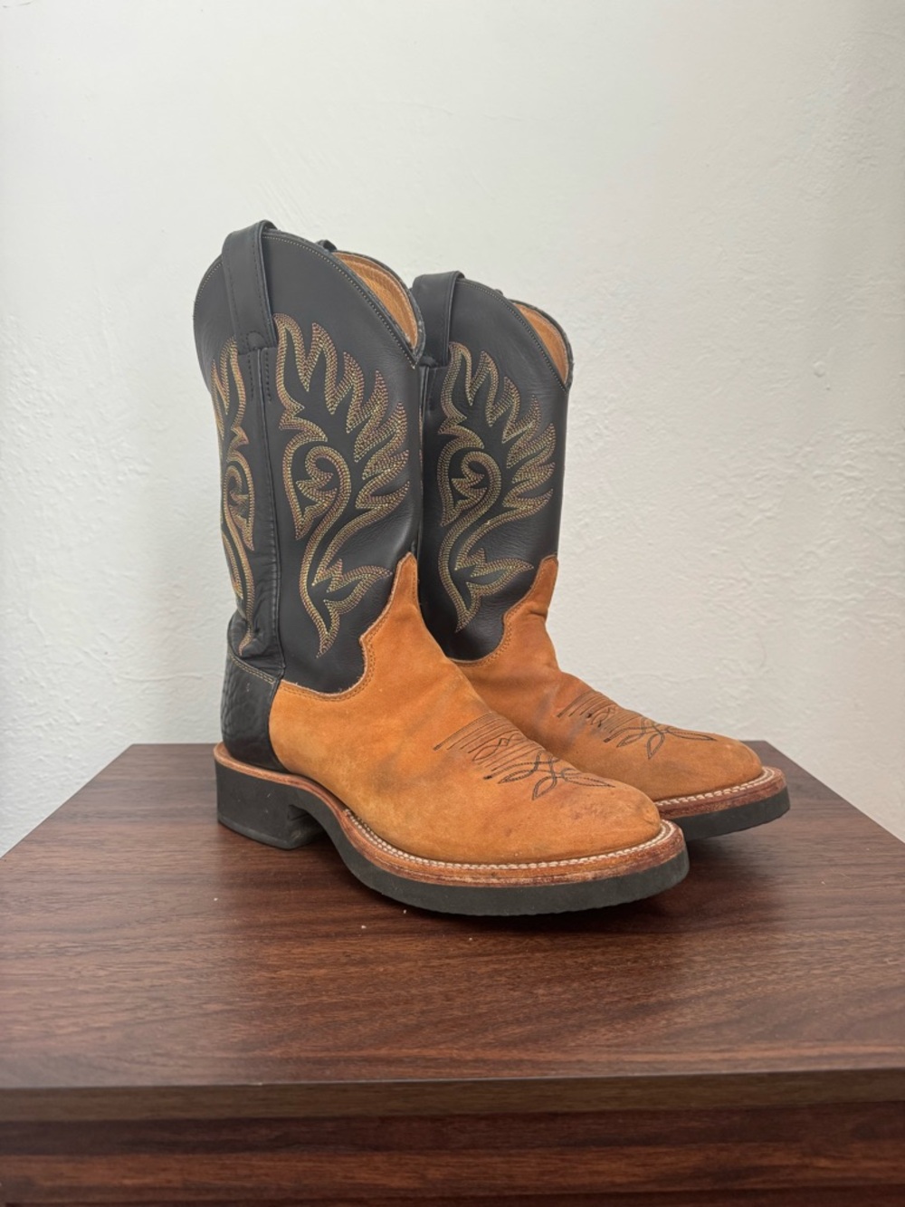 Justin Boots Two-Tone Western Boots in Black & Tan Suede
